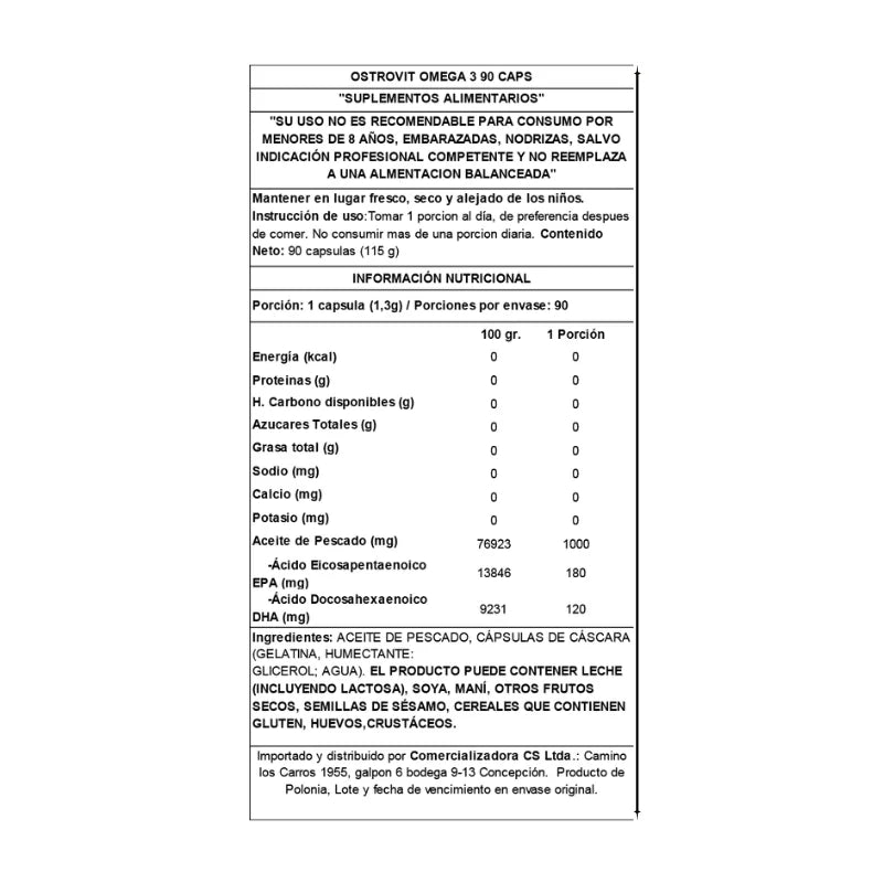 🐟 Omega 3 Ostrovit Aceite de Pescado Anchoa – 1000 mg (EPA 180 + DHA 120) (90 cápsulas / 90 porciones)