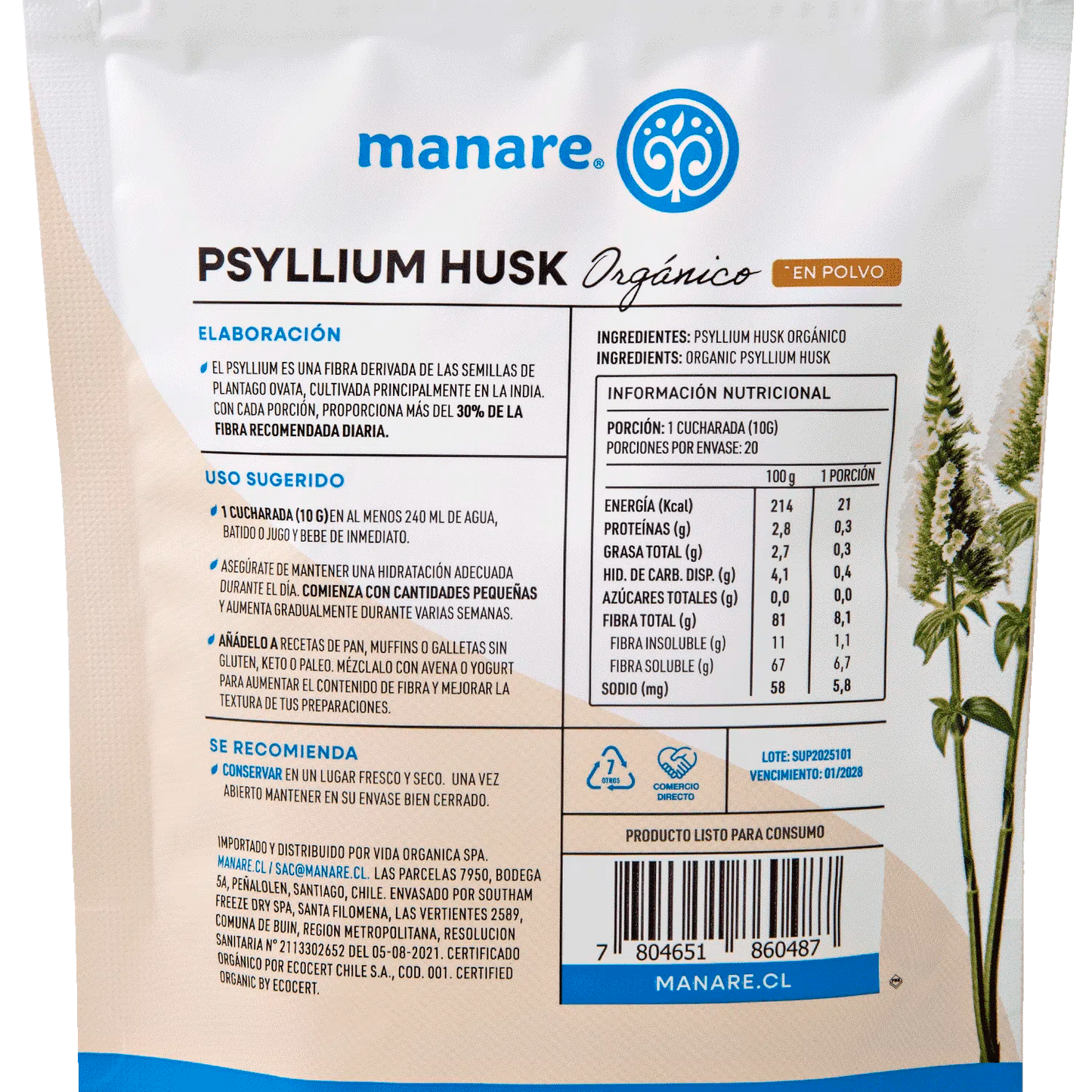 Psyllium Husk Orgánico Manare 200 g