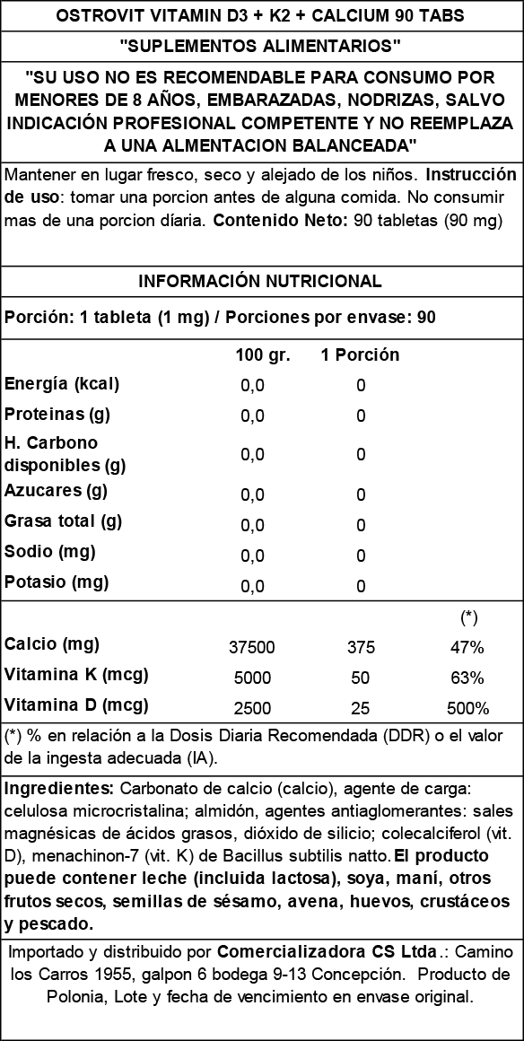 Vitamina D3 (1000 UI) + K2 + Calcio Ostrovit (90 cápsulas / 90 porciones)