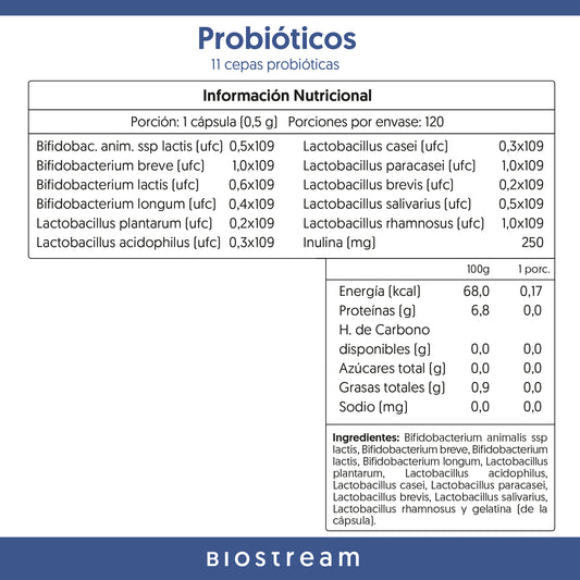 Probióticos 11 Cepas 6 Billones UFC Biostream (120 Cápsulas)