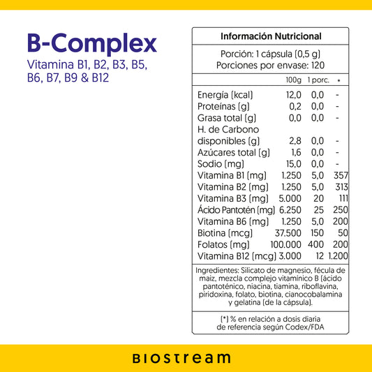 Vitaminas B-Complex Biostream - Vitamina B1, B2, B3, B5, B6, B7, B9 & B12 (120 Cápsulas)