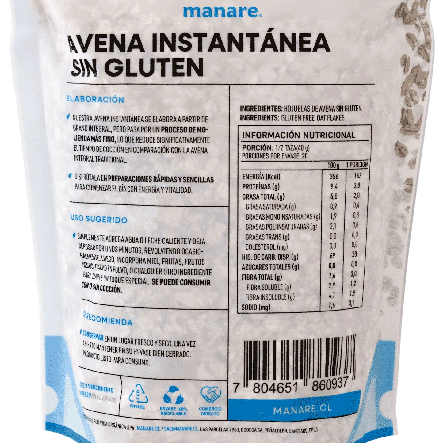 Avena Sin Gluten Instantánea Manare 800 g