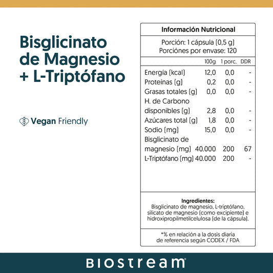 Bisglicinato de Magnesio + L-triptofano Biostream (120 capsulas - 200mg L-Triptofano - 200mg Bisglicinato de magnesio)