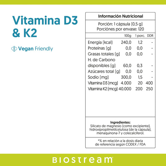 Vitamina D3 + K2 Biostream (120 Capsulas)