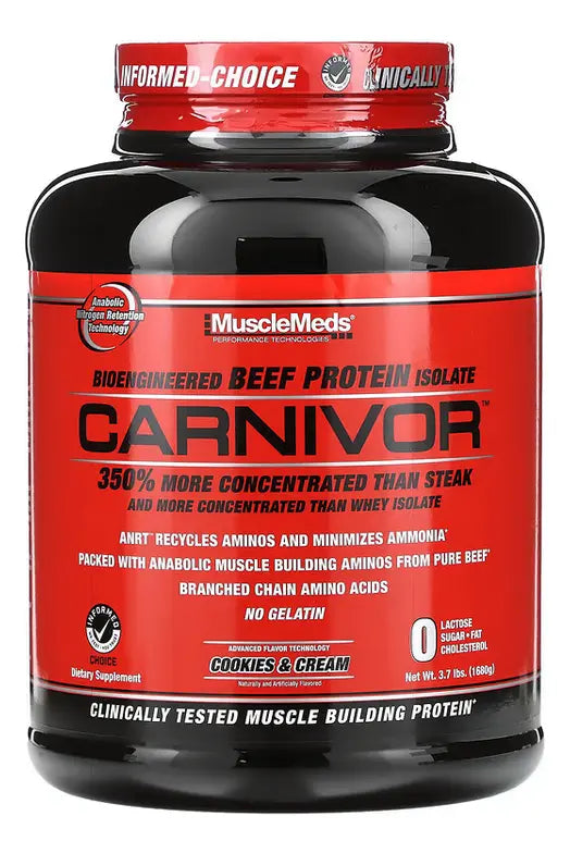 Proteína de Carne Aislada e Hidrolizada CARNIVOR MuscleMeds - Premium  – 4.18 lbs/1.9Kg (56 servicios) + SHAKER + BARRITA + HIDRATANTE + ENVÍO GRATIS