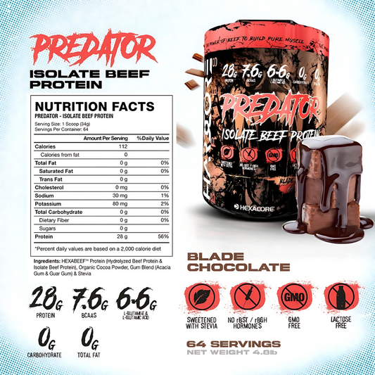 🥩 Proteína de Carne Aislada (Isolate) Hidrolizada Hexacore Predator Beef Sabor Blade Chocolate – 4.8 lbs (64 servicios)