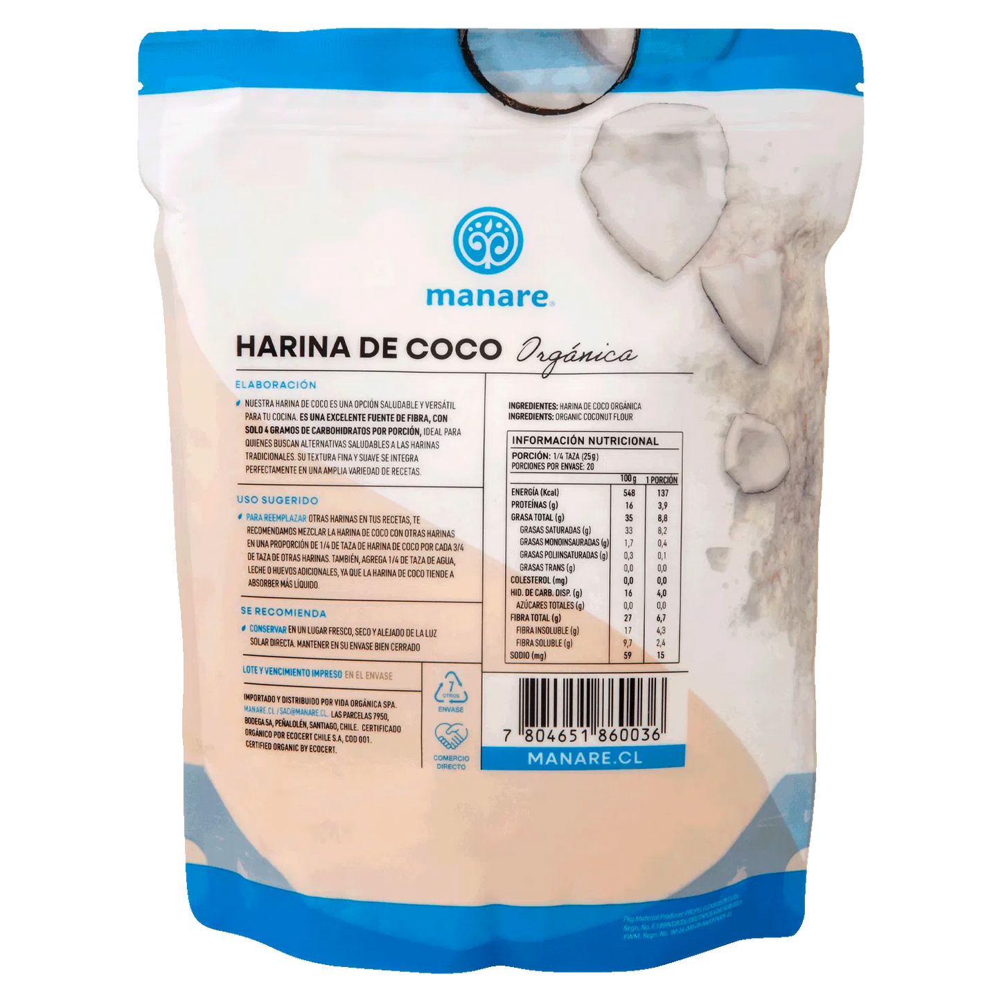Harina de coco orgánica Manare 500 g