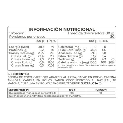 Café Energizante Coffit Revitta + Bebida de Coco + Matcha + Canela + Cacao + Curcuma + Jengibre + Té Verde (300g / 30 porciones)