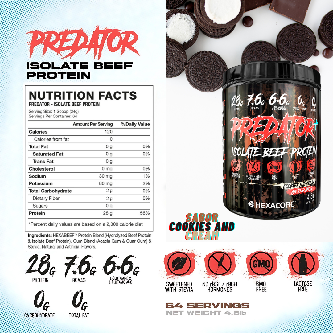 🥩 Proteína de Carne Aislada (Isolate) Hidrolizada Hexacore Predator Beef Sabor Cookies and Cream – 4.8 lbs (64 servicios)