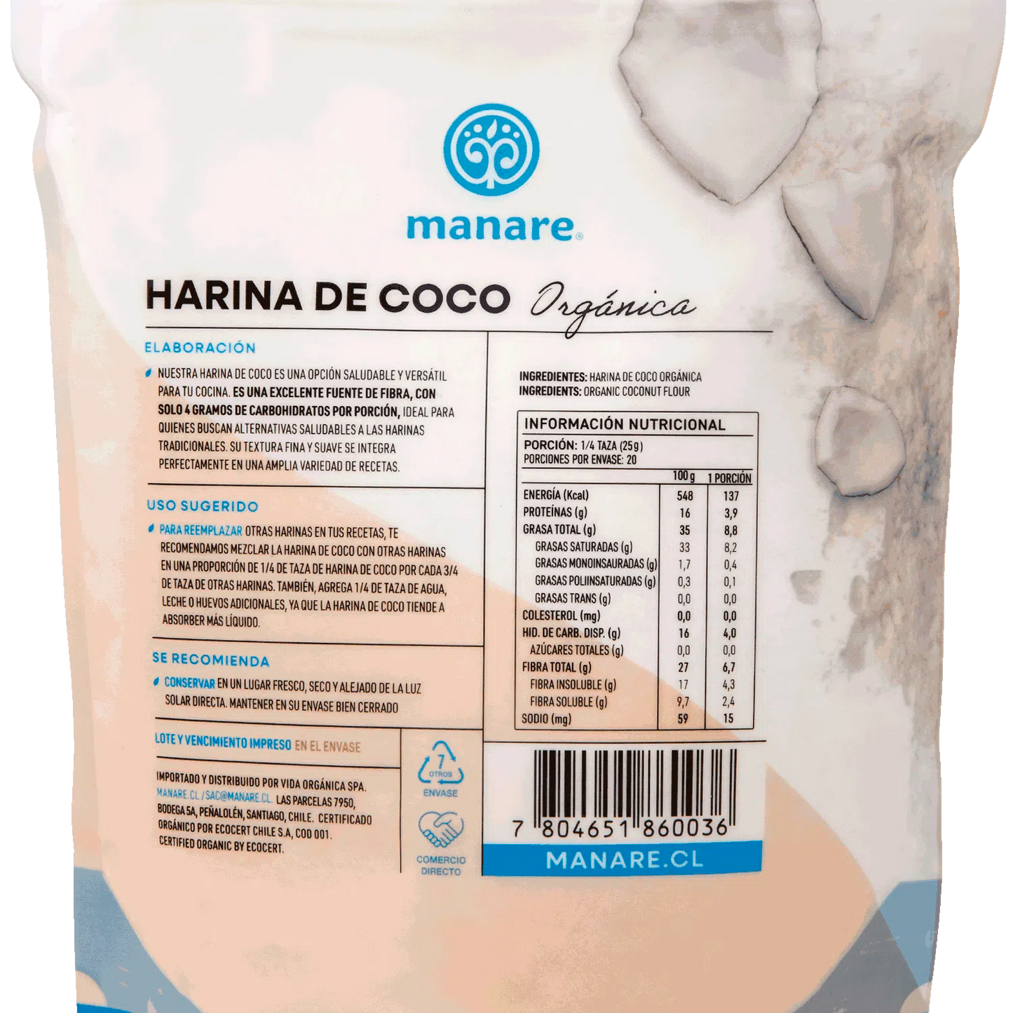 Harina de coco orgánica Manare 500 g