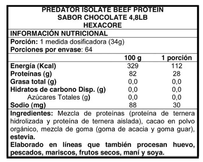 🥩 Proteína de Carne Aislada (Isolate) Hidrolizada Hexacore Predator Beef Sabor Blade Chocolate – 4.8 lbs (64 servicios)