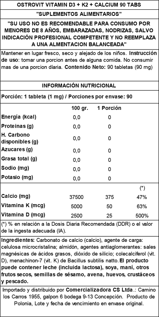 Vitamina D3 (1000 UI) + K2 + Calcio Ostrovit (90 cápsulas / 90 porciones)