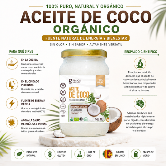 🥥 Aceite de Coco Orgánico Riandco 500 ml – Sin Olor, Sin Sabor