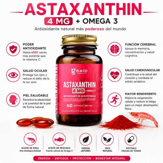 🐟✨ Astaxantina + Omega 3 Riandco El Antioxidante mas Portente del Mundo (60 cápsulas blandas)