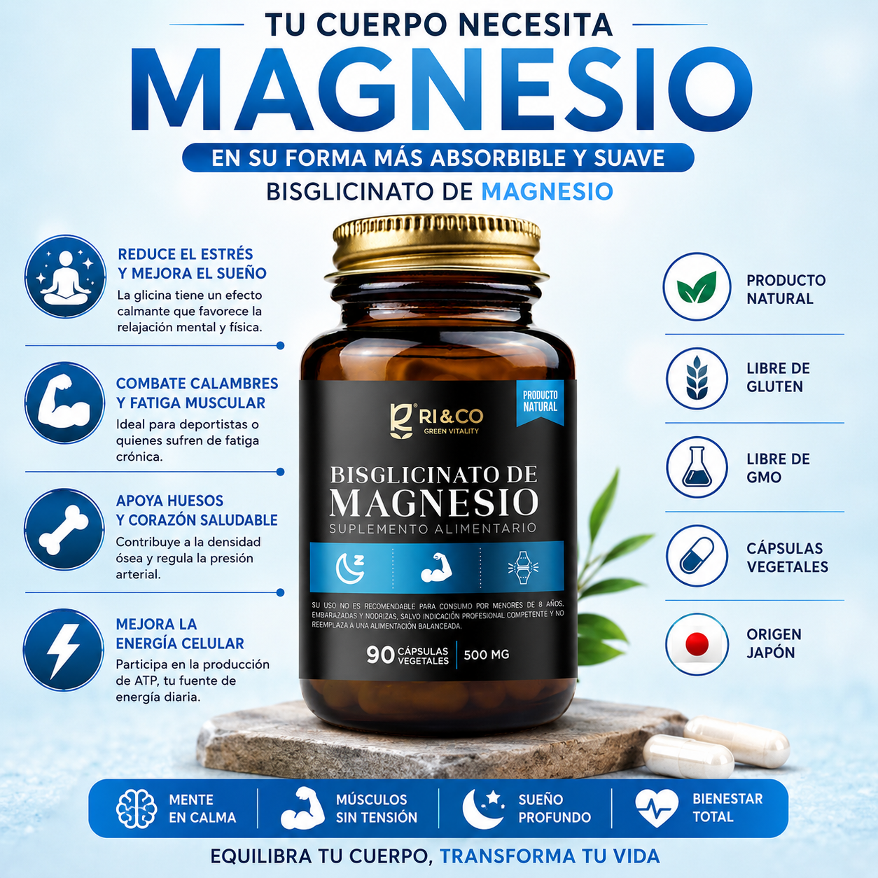 Bisglicinato de Magnesio Riandco (90 cap x 500mg)