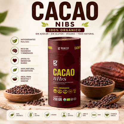 Cacao 100% Nibs Orgánico Riandco 250 g / Sin azúcar Sin aditivos