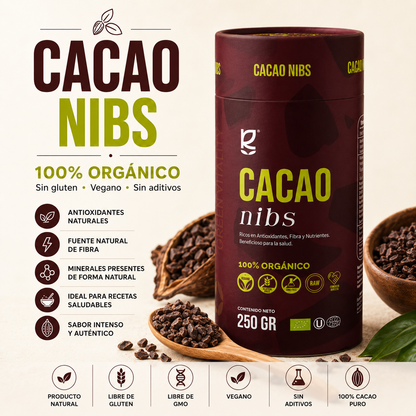 Cacao 100% Nibs Orgánico Riandco 250 g / Sin azúcar Sin aditivos
