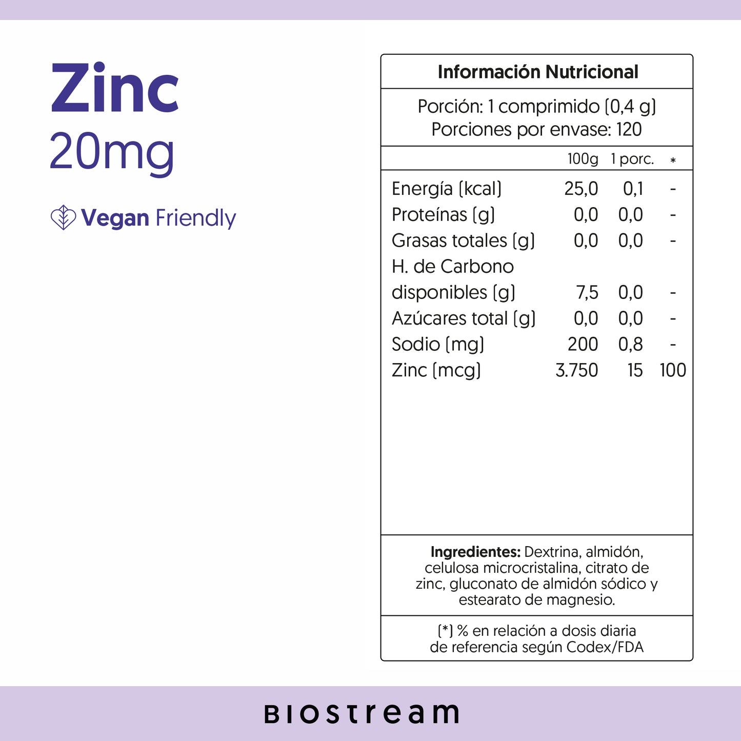 Zinc 20mg Biostream (120 Cápsulas Veganas)