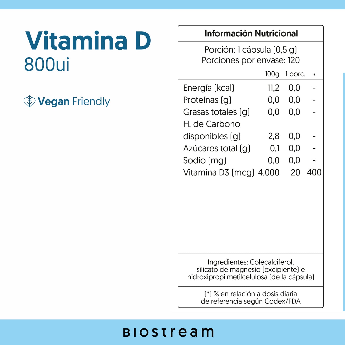 Vitamina D3 Biostream (120 Cápsulas - 800ui)