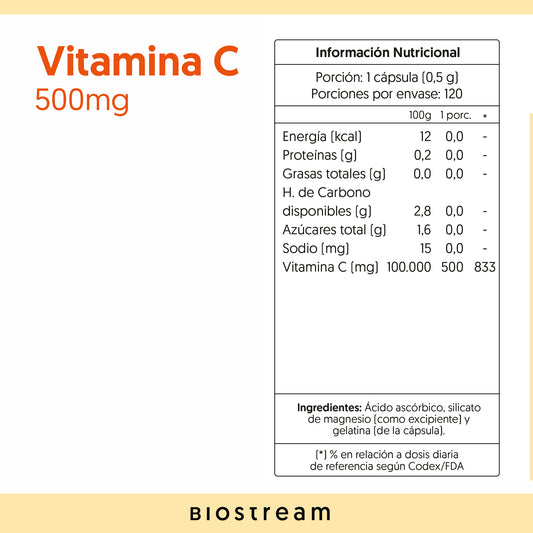 Vitamina C 500mg Biostream (120 capsulas - 500mg)