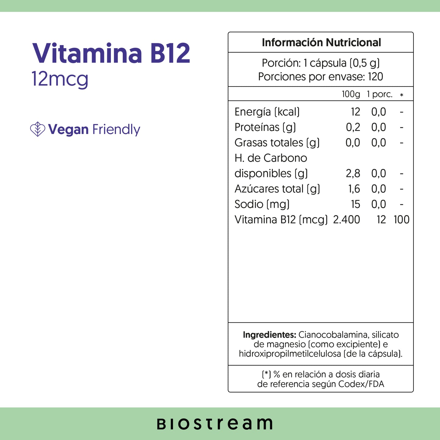 Vitamina B12 Biostream (120 capsulas - 12 mcg)