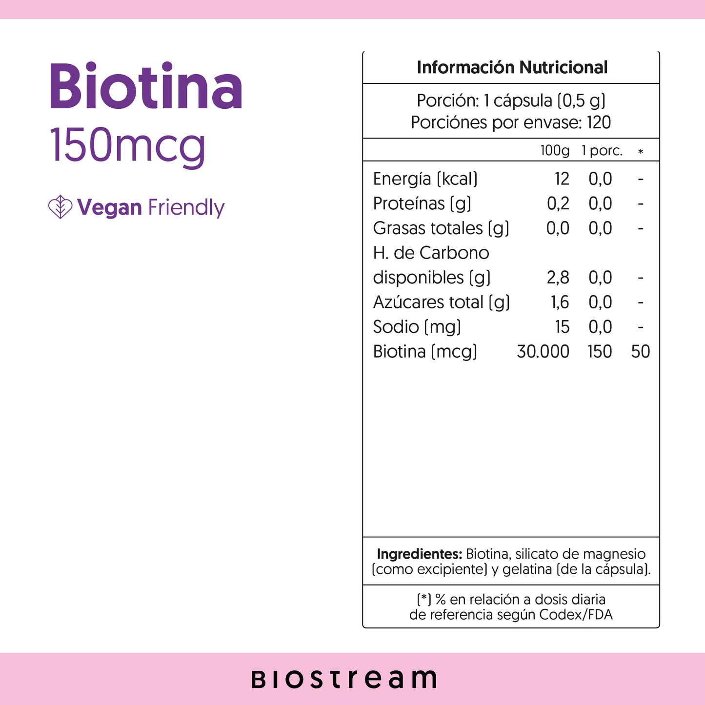 Biotina 150mcg Biostream (120 Cápsulas Vegana)