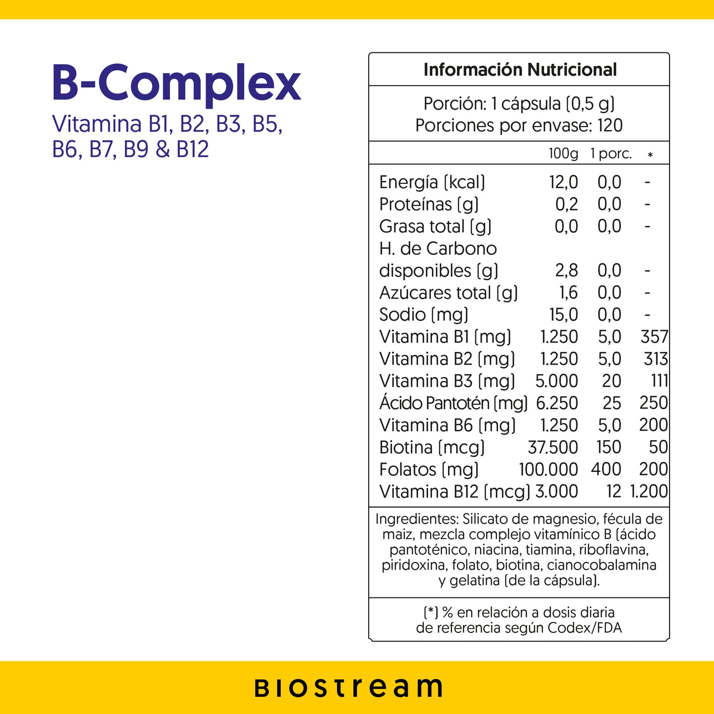 Vitaminas B-Complex Biostream - Vitamina B1, B2, B3, B5, B6, B7, B9 & B12 (120 Cápsulas)