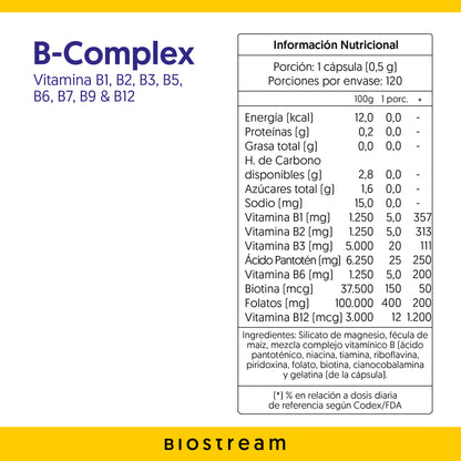 Vitaminas B-Complex Biostream - Vitamina B1, B2, B3, B5, B6, B7, B9 & B12 (120 Cápsulas)