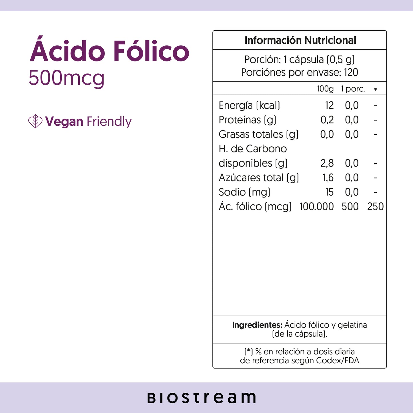 Acido Folico Vegano Biostream (120 capsulas - 500mcg)