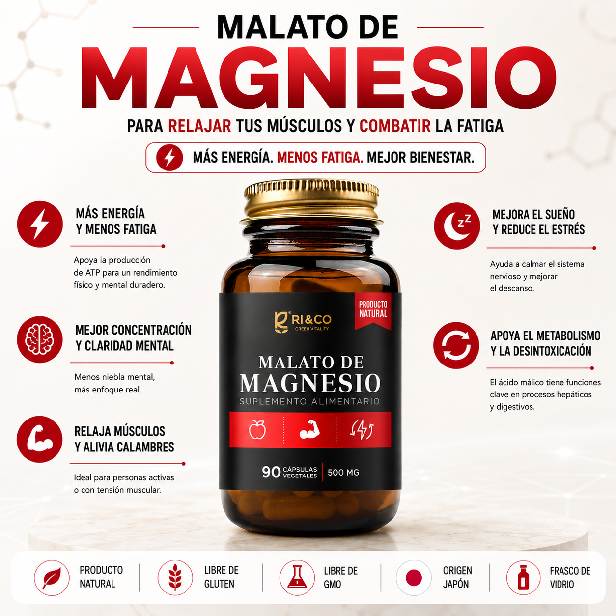 Malato de Magnesio Riandco Para Relajar Tus Músculos y Combatir la Fatiga (90 cap x 500mg)
