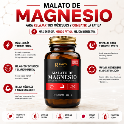 Malato de Magnesio Riandco Para Relajar Tus Músculos y Combatir la Fatiga (90 cap x 500mg)