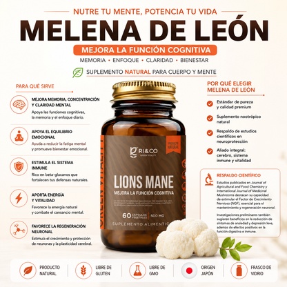 🍄 Melena de León Riandco (Lion’s Mane) – 60 cápsulas x 500mg