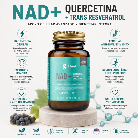NAD + Quercetina + Resveratrol Riandco Para Activar tu Energía y Mantener la Juventud (60 caps 500 mg)