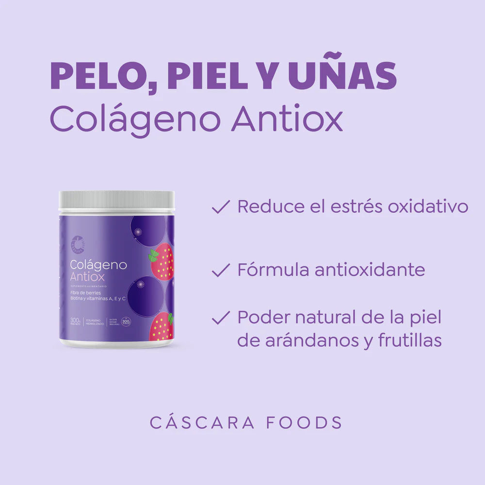 🌸 Colágeno Hidrolizado Cascara Foods Antiox Sabor Berries (300 g / 30 servicios)