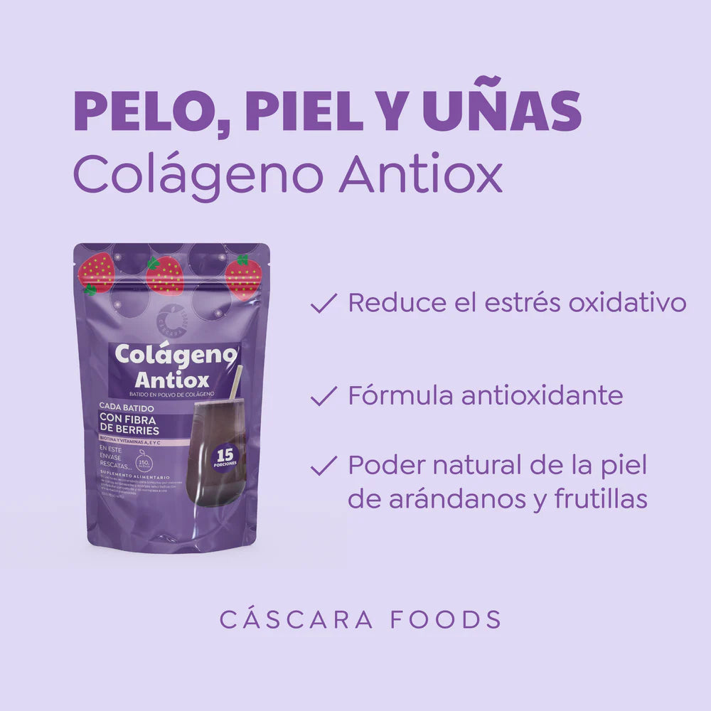 🌸 Colágeno Hidrolizado Cascara Foods Antiox Sabor Berries (150 g / 15 servicios)