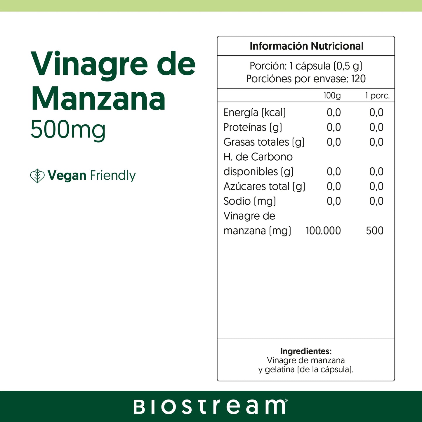 Vinagre de Manzana Biostream (120 capsulas - 500mg)