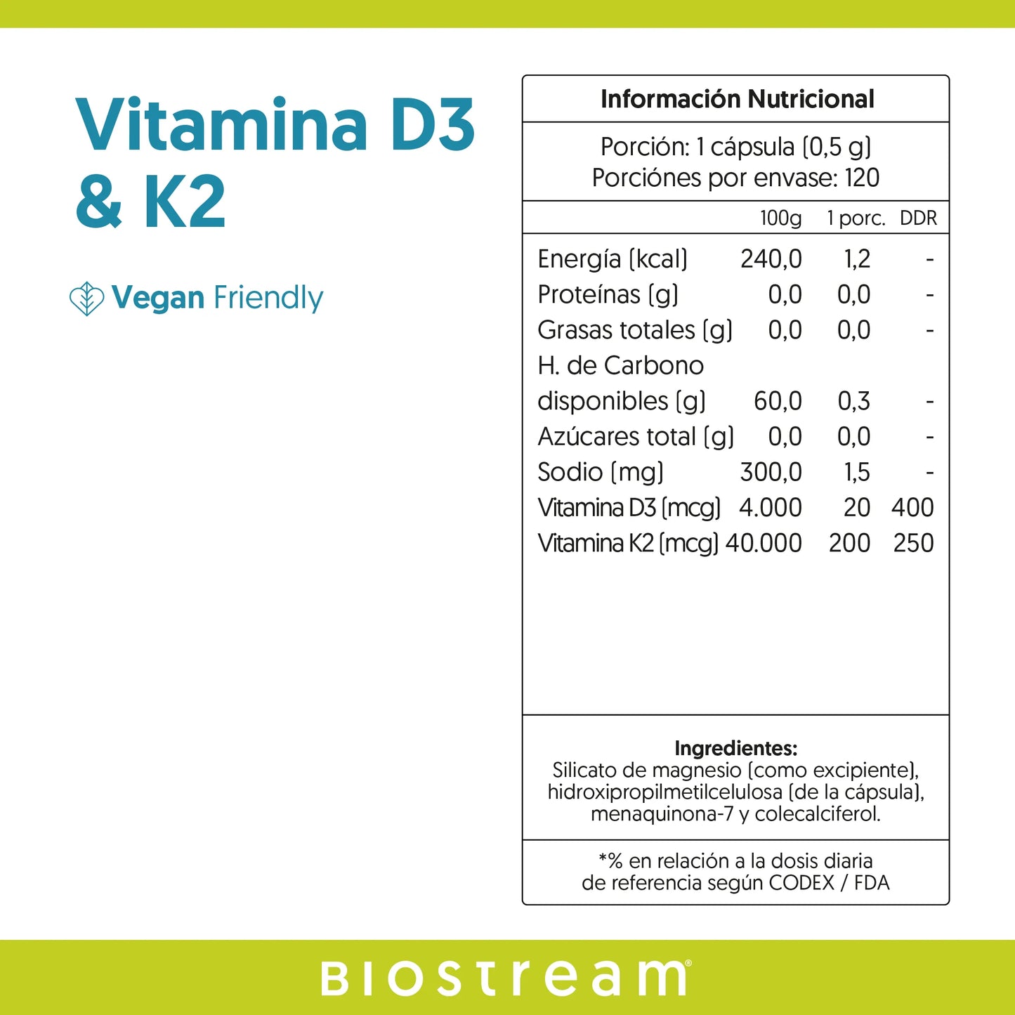 Vitamina D3 + K2 Biostream (120 Capsulas)