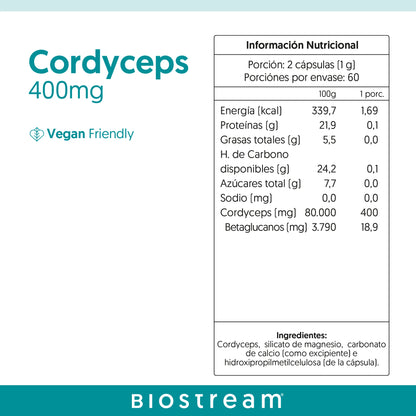 Cordyceps Hongo Biostream (120 Capsulas 400mg)