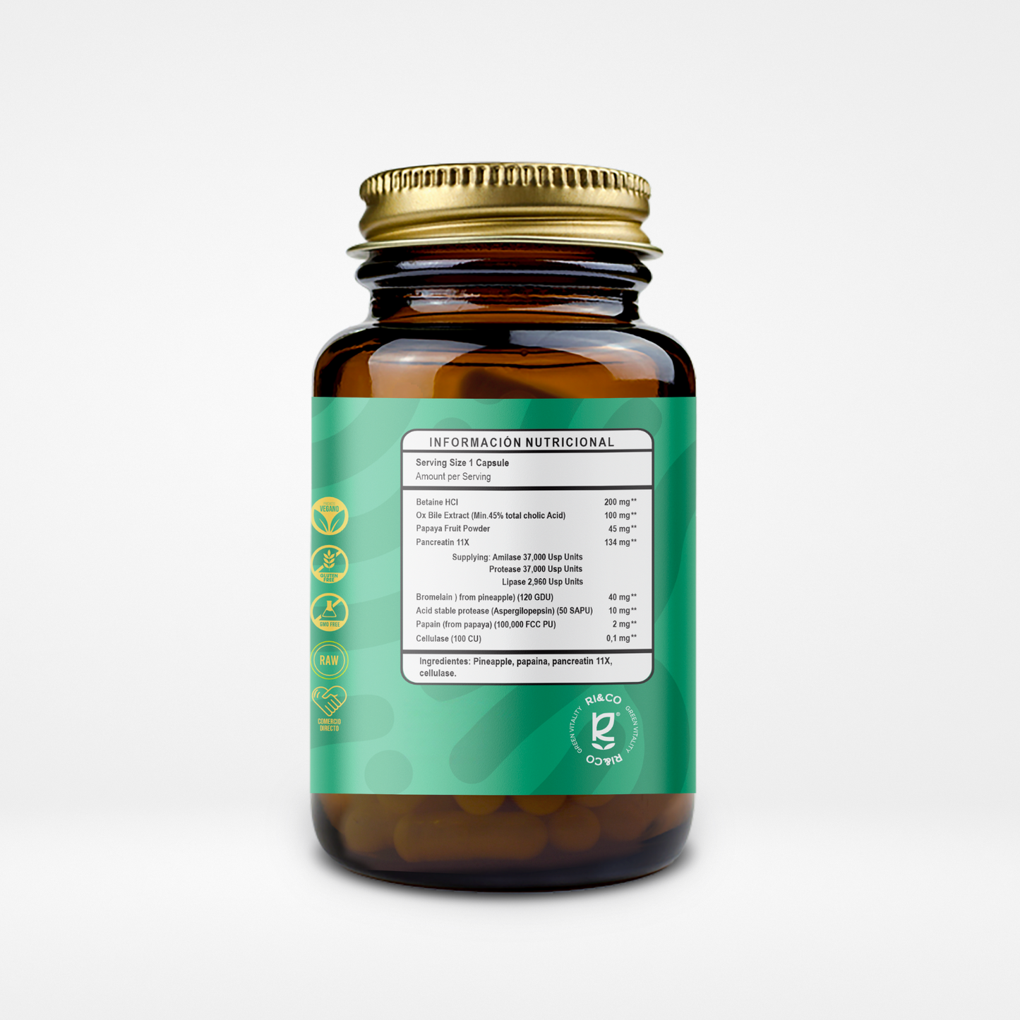 Enzimas Digestivas Riandco Para la Hinchazón la Pesadez y los Gases en el Estómago (60 cap x 500mg)